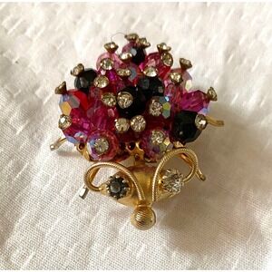 1960s Vintage Bug Pin Faceted Red Ab & Black Crystal Beads